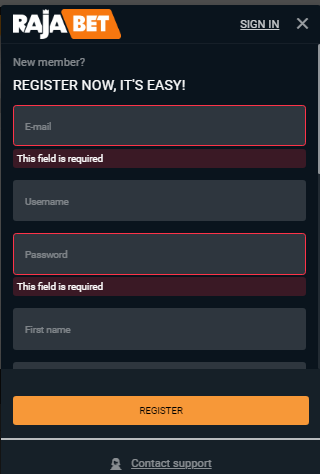 Register screen for Rajabet